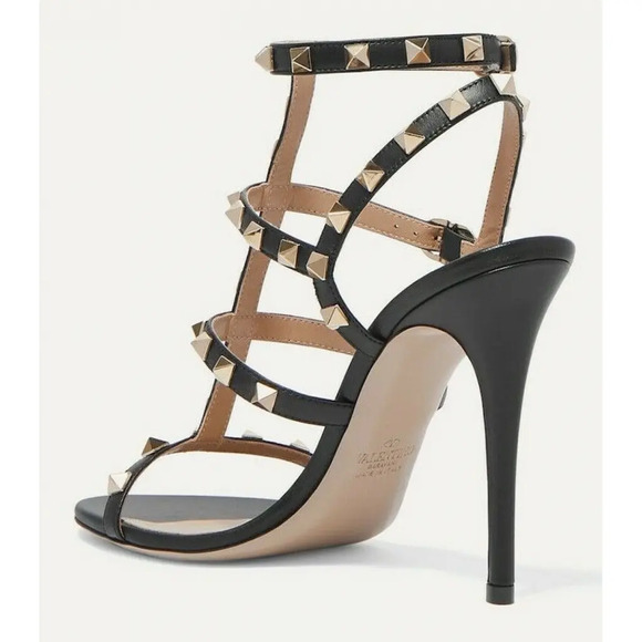 Valentino Rockstud 105 Black Leather Stud Caged Ankle Strap Sandal Heel Pump 40 - Picture 8 of 12
